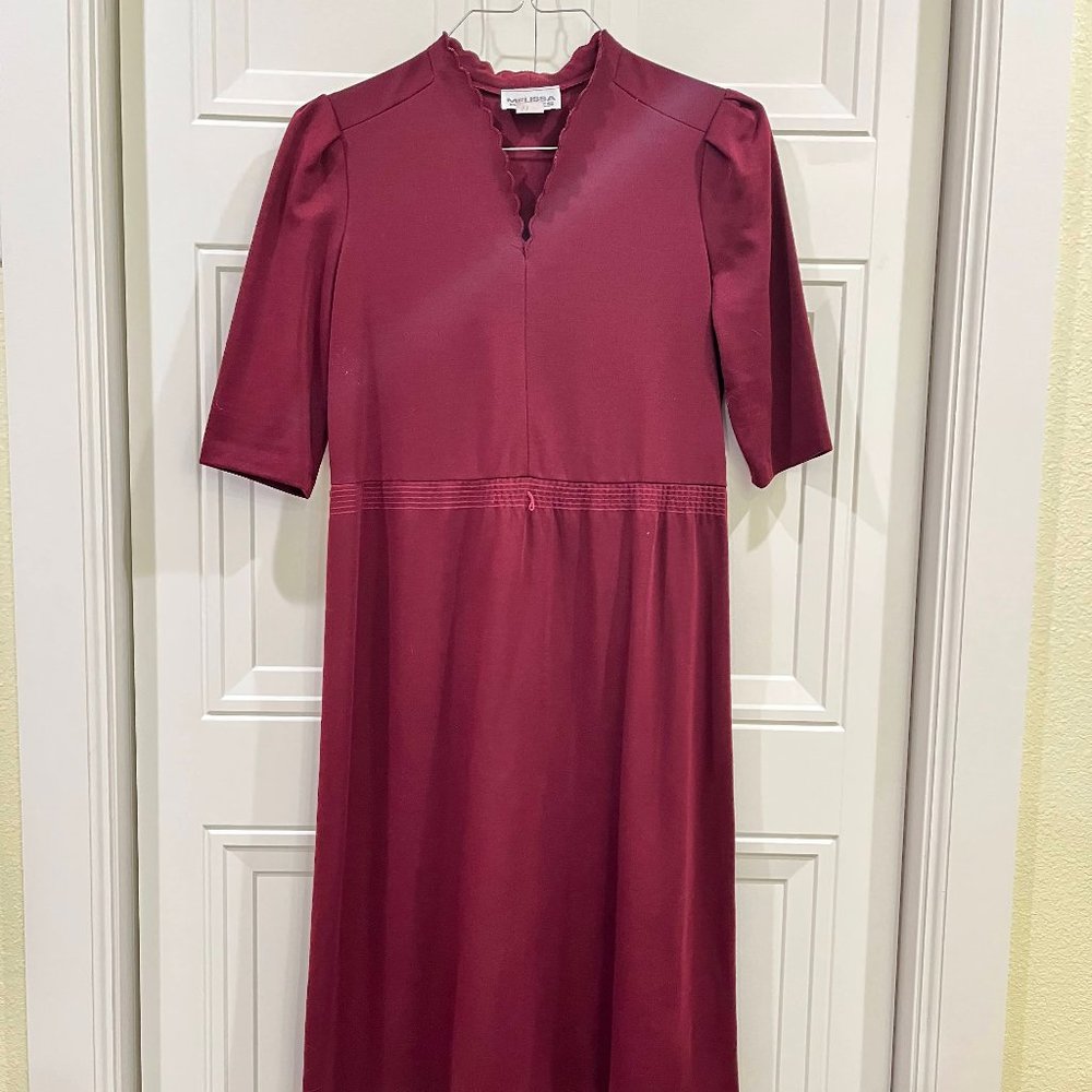 Vintage Ruby Red 3/4 Length Sleeve Dress with Scalloped Neckline